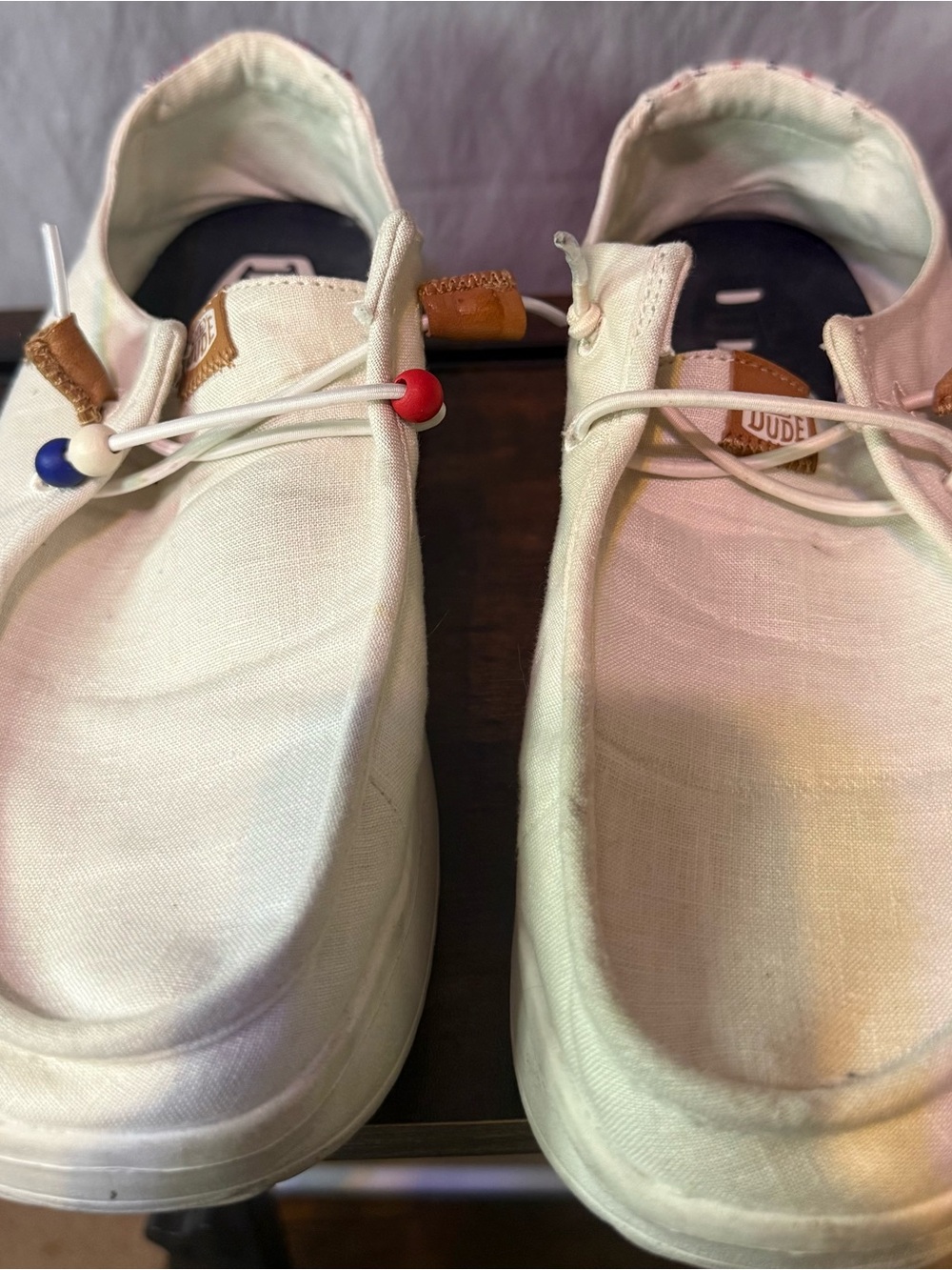 Hey Dude Men’s Cream Canvas Slip-On Loafers with Red & Blue Accent Beads